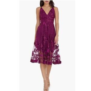 Dress the Population Audrey Embroidered Fit & Flare Dress Magenta Plum Small NWT
